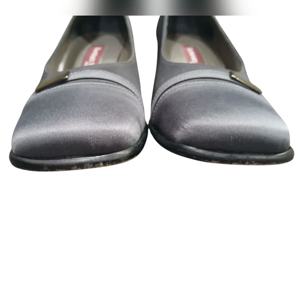 Raphael Sarti Square Toe Grey Satin Cap toe Block Heel Silver Womans